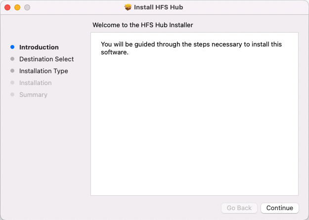 HFS Hub installer welcome screen HFS Hub installer welcome screen