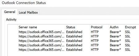 Outlook connection status general tab screenshot showing Modern authentication used