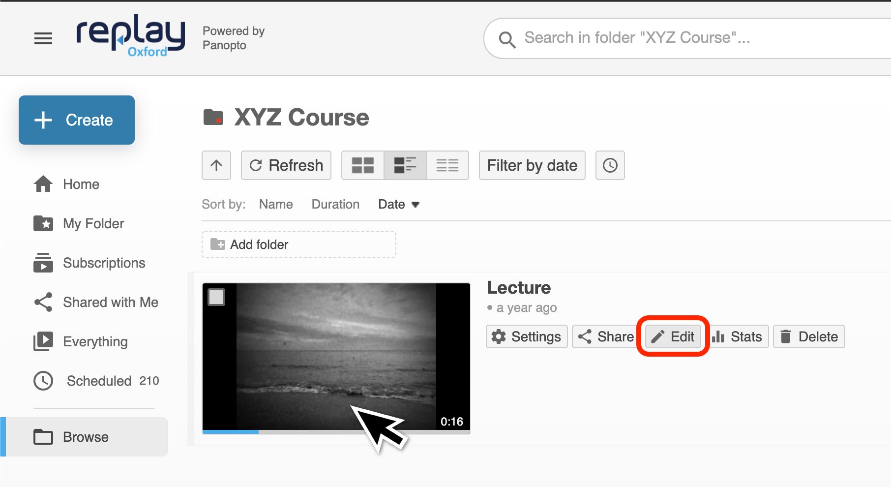 Image showing cursor hovering over thumbnail of a recording and highlighting the 'Edit' button