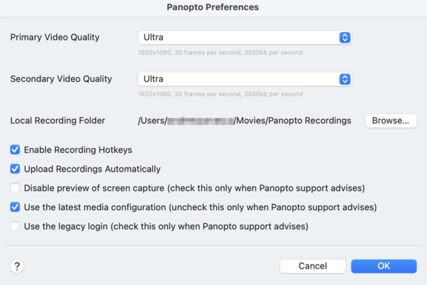 Panopto for Mac preferences Screenshot of the Panopto for Mac preferences pane
