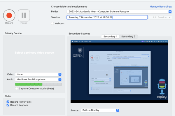 Panopto for Mac manual recorder Screenshot of the Panopto for Mac manual recorder