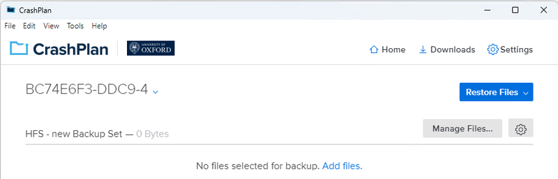 HFS CrashPlan initial home screenl
