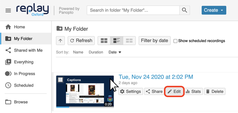 Image of cursor hovering over session to show 'Edit' button